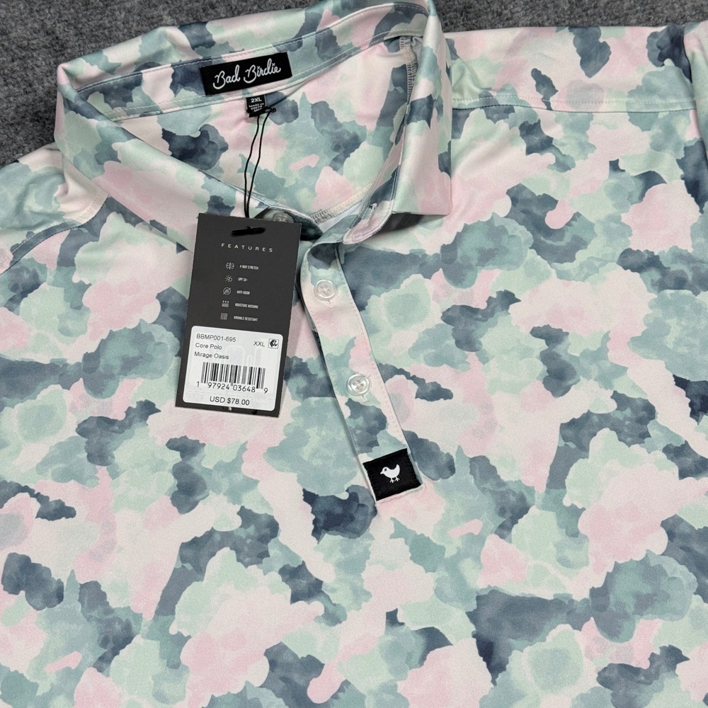 Bad Birdie Golf Polo Shirt Men's XXL Mirage Oasis Camo 4 Way‎ Stretch Wicking